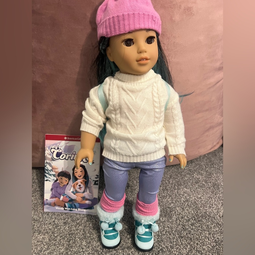 American Girl Corinne with White Sweater and Purple Pants